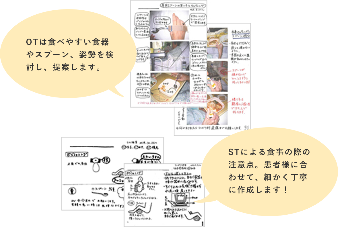 「OTは食べやすい食器やスプーン、姿勢を検討し、提案します。」「STによる食事の際の注意点。患者様に合わせて、細かく作成します。」